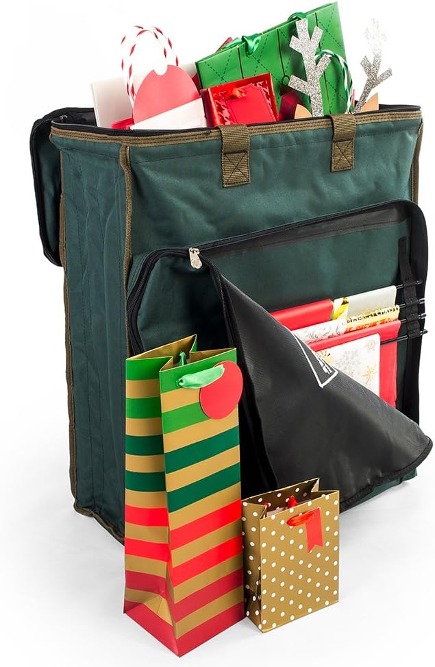 Holiday Décor Storage - [Gift Bags with Tissue Paper Storage Bag] - Protect All of Your Tissue Paper Gift Wrap | Tiered Rods Hang Your Premium Christmas Tissue | Separated Compartments for Your Giftbags