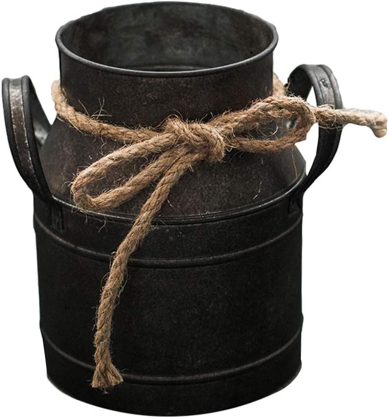 J-ouuo Rustic Metal Flower Vase Vintage Shabby Chic Classy Designed Milk Can Galvanized Finish Metal Vase French Buckets Home Decor Planter Vase with Handle