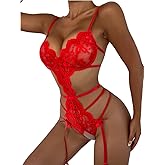 SOLY HUX Lingerie for Women Lace Cutout Scalloped Trim Bodysuit Teddy Lingerie Babydoll
