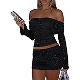 Womens Sexy Two Piece Outfits Mesh Off Shoulder Y2K Going Out Crop Top Bodycon Skirt Sets Long Sleeve Ruched Mini Dress