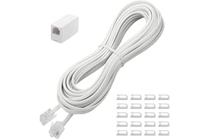 Uvital 25 Feet Phone Line Cord, RJ11 Phone Cable, Landline Telephone Wire with Telephone Coupler and 20pcs Cable Clips, for Modem, Fax Machine - White
