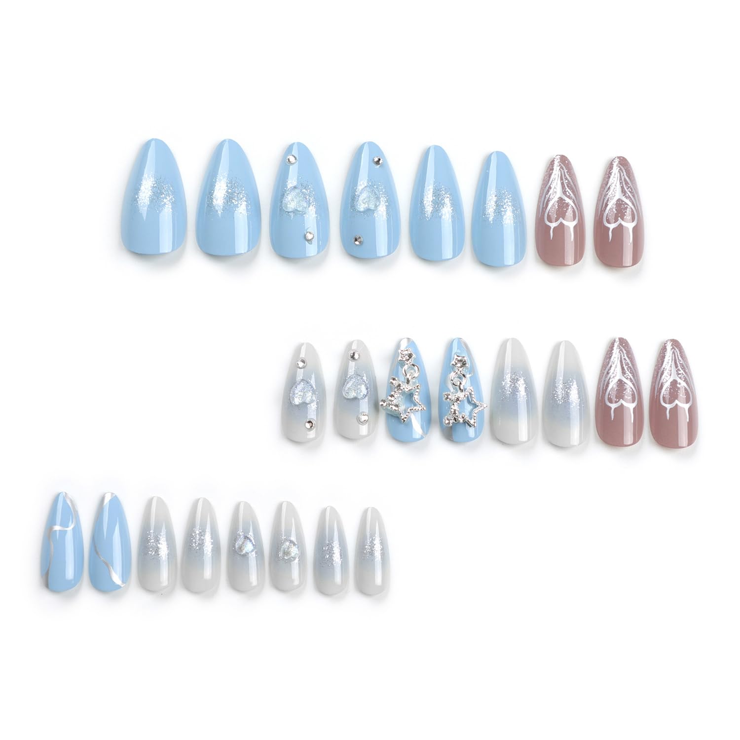 24 Pcs Press on Nails Medium RIICFDD Almond Fake Nails Star Rhinestone Charm Designs Full Cover Stick on Nails Blue Glossy False Nails Glue on Nails for Women Artificial Nails - Image 4