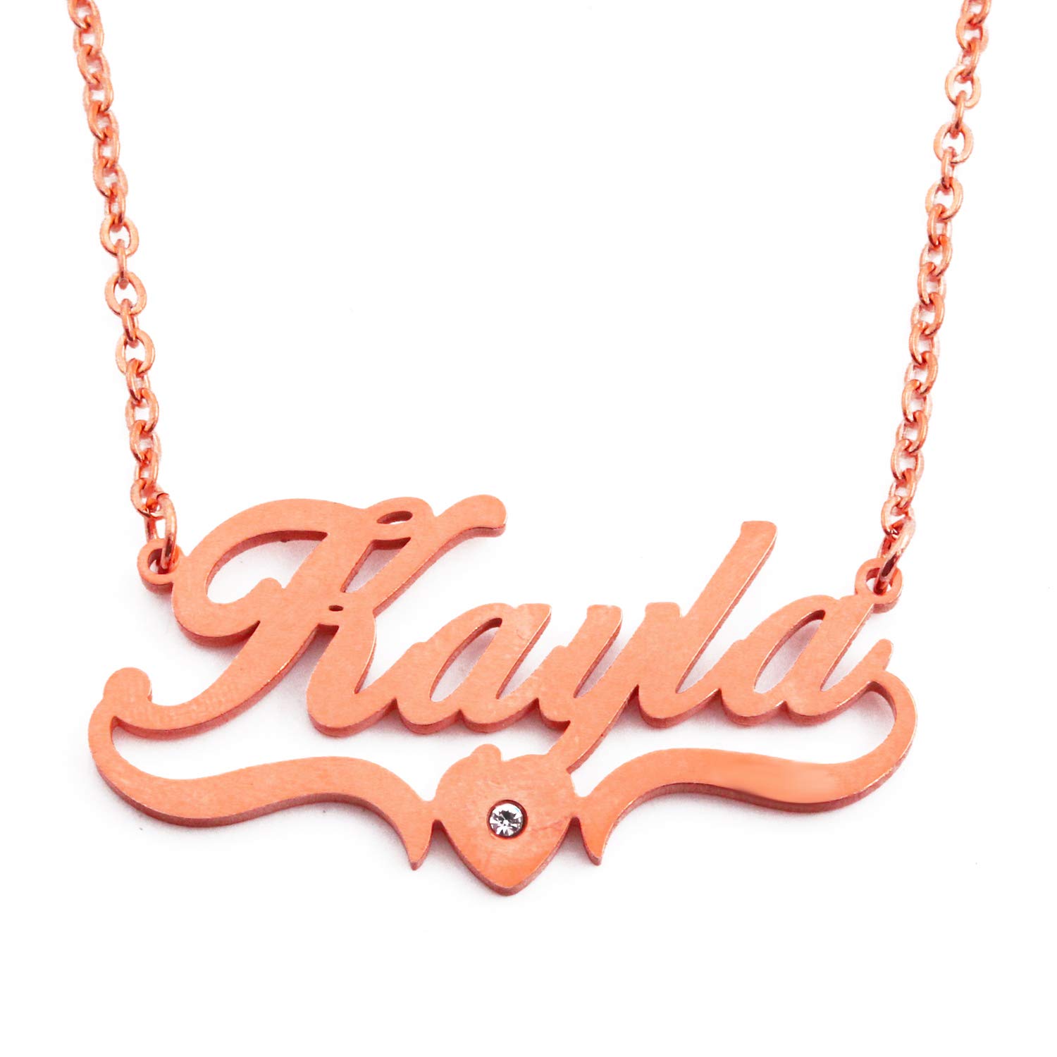 Kayla Name Necklace Personalised Heart Shaped Rose Gold Plated, Custom Dainty Name Pendants, Jewellery for Ladies, Girlfriend, Mother, Sister, Friends Inc Bag & Box