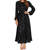 Wenlion Long Sleeve Floral Maxi Dress Spring A-Line Velvet Wedding Guest Cocktail Party Gown