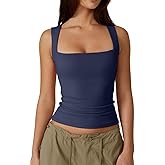 QINSEN Women's Square Neck Sleeveless Double-Layer Tank Tops Basic Tight T Shirts