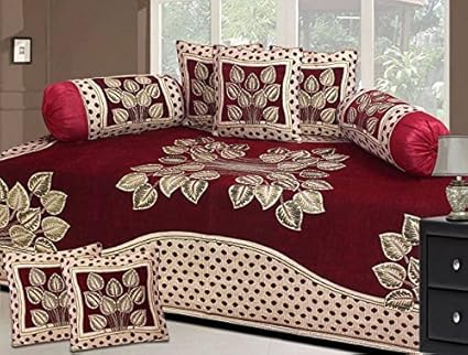 Fresh from Loom 500 TC Floral Design Premium Blue Mehroon Diwan Set - 8pc Set, Maroon