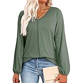 Dokotoo Womens Tops Fashion V Neck Long Sleeve Tops for Women Fall Outfits for Women 2025 Casual Loose Blouses