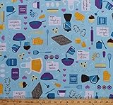 Cotton Baked With Love Baking Cooking Kitchen Supplies Utensils on Blue Cotton Fabric Print by the Yard (amf-14418-77-blueberry)