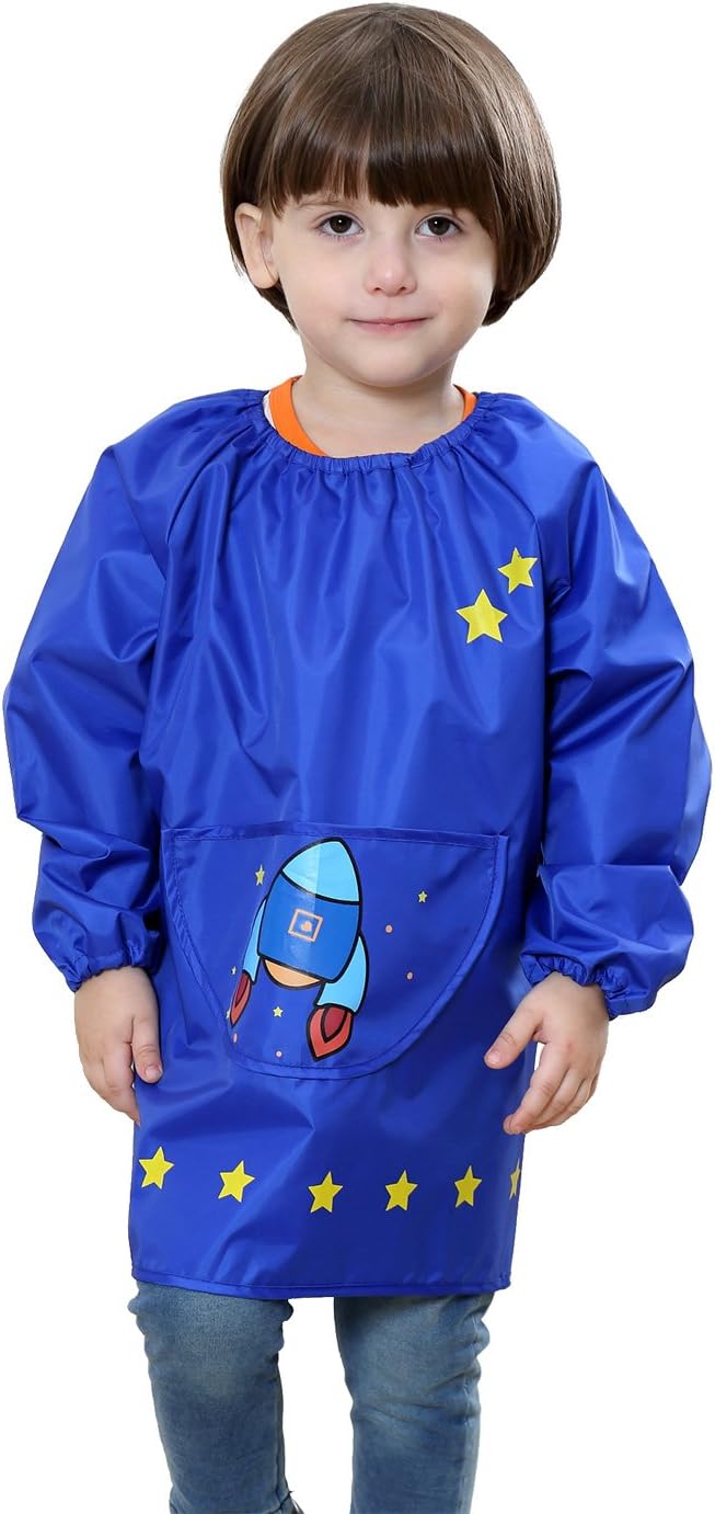 Toddler Children's Waterproof Pullover Long Sleeved Bib Smock Rocket Printing Kids Polyester Lightweight Painting Eating Apron Blue 6-10 T