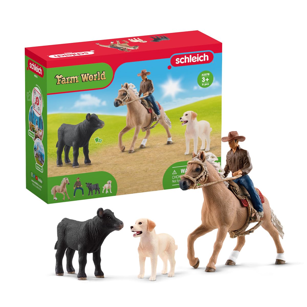 Schleich Farm World - 6PC Rodeo Calf Adventure Playset - Cowboy Rider Figurine with Horse Figure, Cow and Dog - Realistic Western Rodeo Farm Toys and Accessories - Kids and Toddlers Ages 3+ | 42578