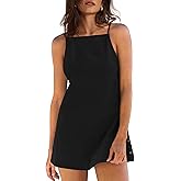 Yanekop Womens Linen Mini Dress Spaghetti Strap Short Beach Summer Dresses Sleeveless Sundress Open Back Dress