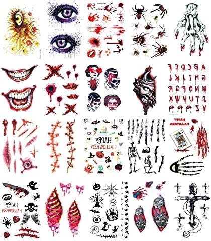Body Scar Tattoo Temporary Stickers 20 Sheets for Cos Play Safety will not Hurt the Skin Easy to Use, Assorted Patterns