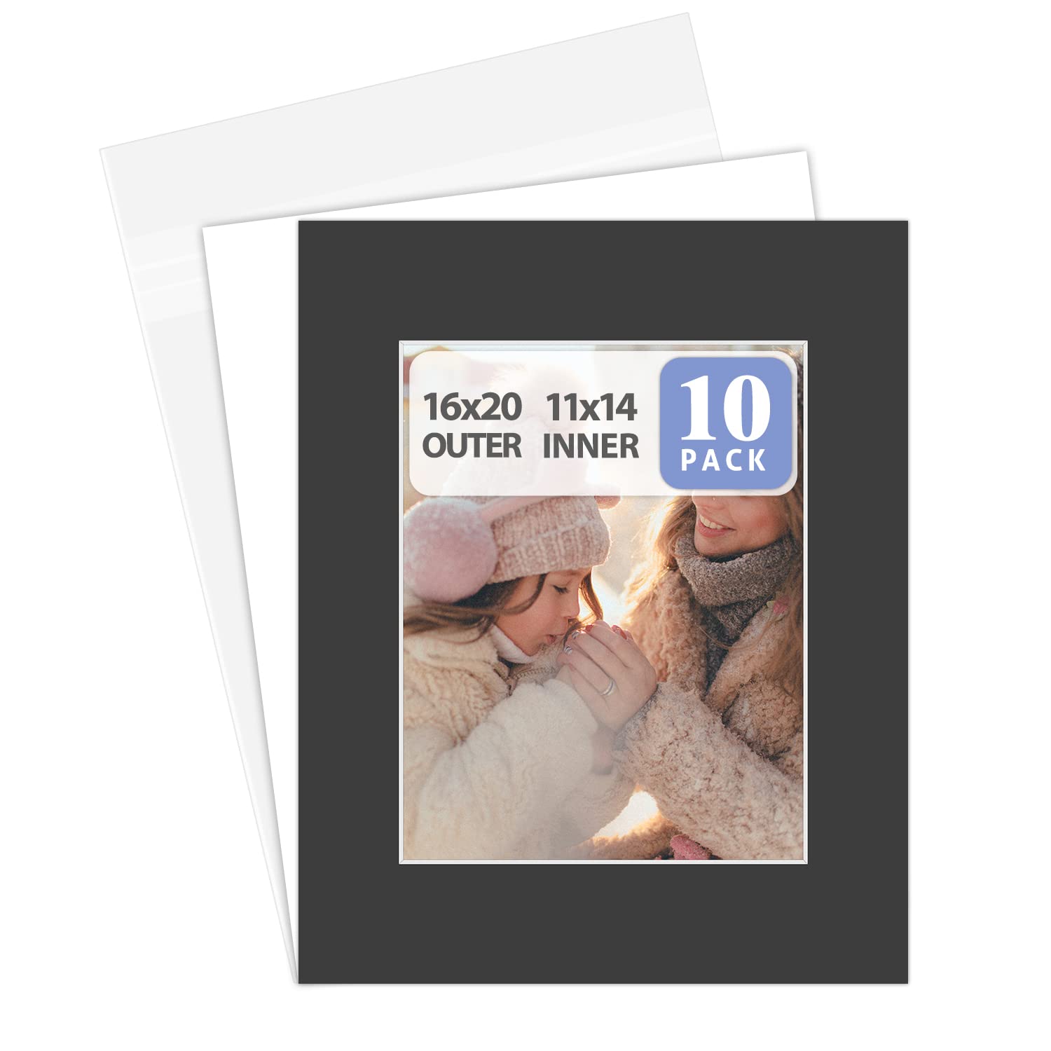 Golden State Art, Pack of 10 16x20 Black Picture Mats Mattes with White Core Bevel Cut for 11x14 Photo + Backing + Bags