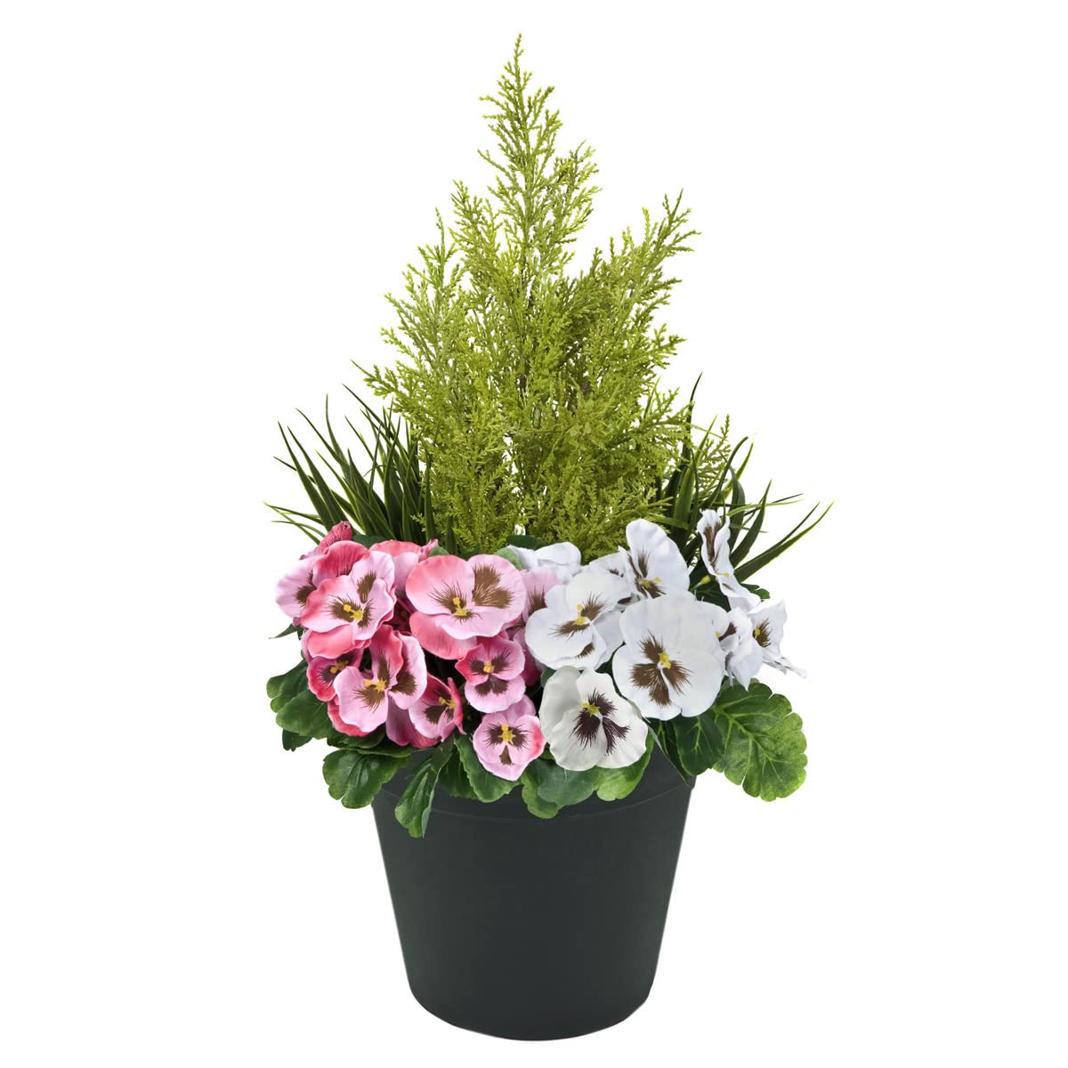 Artificial Pink and White Faux Silk Pansies with Grasses/Conifer Topiary in a Black Pot Patio Planter Ideal for Home, Patio, Garden Outdoor Living 60cm/23.5in