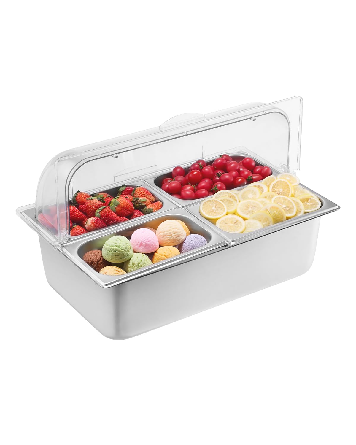 Photo 1 of VEVOR Countertop Food Serving Display Container, 4 Pan Stainless Steel Food Serving Tray, Buffet Condiment Dispenser Display Rack with Clear Lid & 3 Freezer Boxes, for Restaurant Hotel Kitchen Party