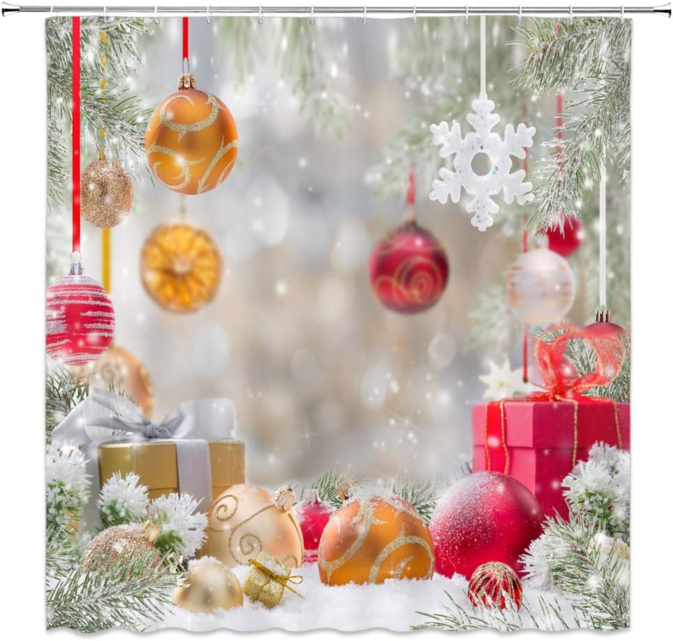 Feierman Merry Christmas Shower Curtain Balls Decor Kids' New Year Bathroom Curtain Decor Machine Washable Fabric Bathroom Decor Set with Hooks 70x70Inches