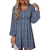 Dokotoo Womens 2026 Casual Dresses Smocked Crewneck Button Up Long Sleeve Empire Waist A-Line Mini Dress