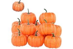 Lainrrew 12 Pcs Mini Artificial Pumpkins, Fall Harvest Simulation Pumpkins Decor Fake Fruit Home Decor for Halloween Thanksgiving Party Decorations (Orange)
