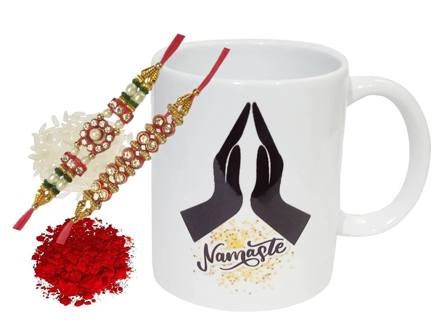 Purpledip Bhai Dooj Rakhi Hamper: Namaste Greeting Ceramic Mug, 2 Designer Rakhi & Roli Chawal (rakhi89b)