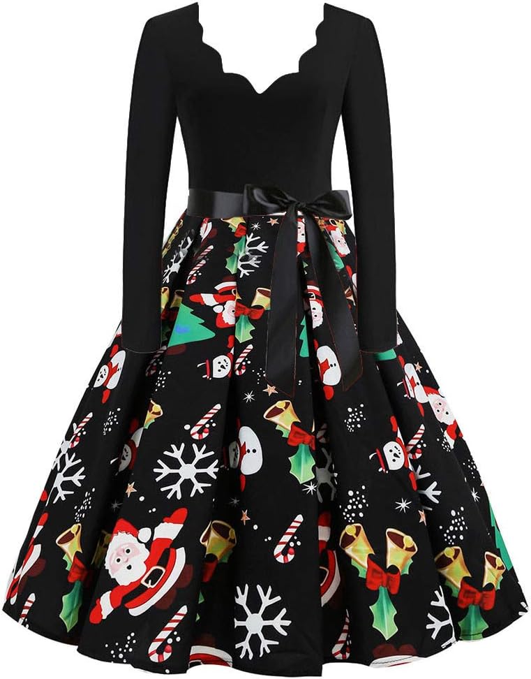 NEEDRA Women's Retro O Neck Butterfly Musical Note Printed Evening Dress
