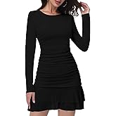 Simlakey Womens Long Sleeve Bodycon Mini Dress Boat Neck Ruched Mesh Ruffle Hem Short Dress Elegant Club Cocktail Party Dress