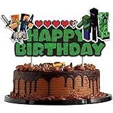 Pixel Craft Gamer Birthday Cake Topper, Glitter Pixel Miner Style Happy Birthday Cake Toppers, Video Game Themed Cake Decorations for Boys & Girls
