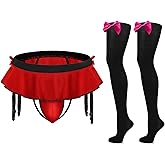 Degpum Sissy Pouch Panties for Men Crossdresser Lingerie Mini Skirt for Men Crossdressing Outfits Garters G-String Stockings Nightwear Pink