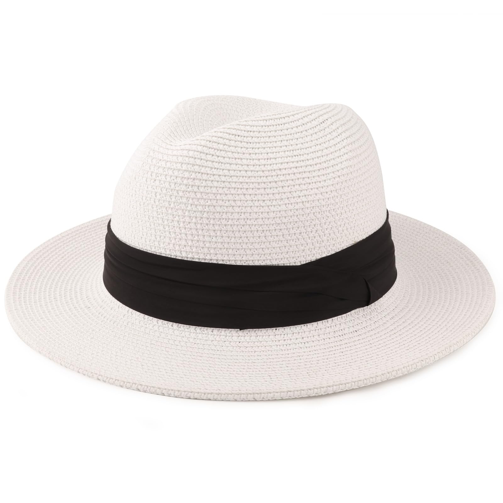 DRESHOW Women Wide Brim Straw Panama Roll up Hat Fedora Beach Sun Hat UPF 50+