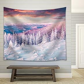 Colorful Winter Sunrise in The Carpathian Mountains. Gorgany Ridge, Ukraine, Europe. Instagram Toning. - Fabric Wall Tapestry Home Decor - 51x60 inches