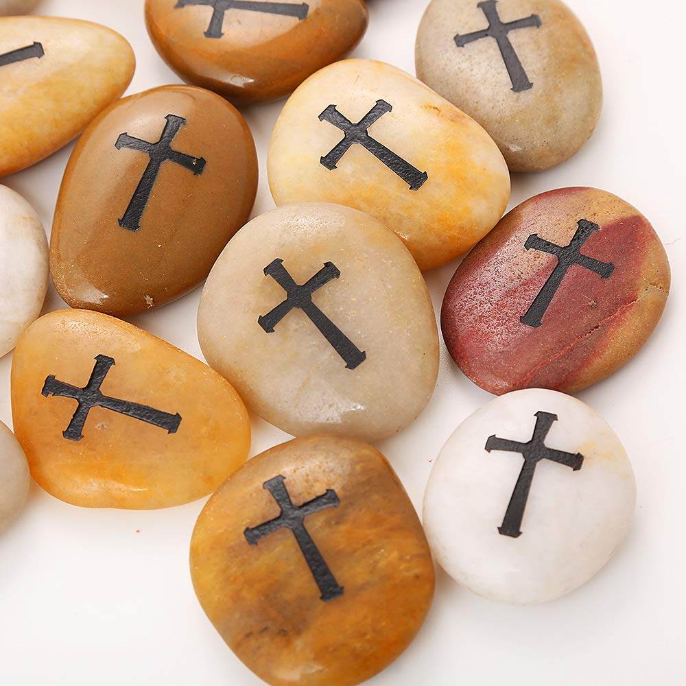 ROCKIMPACT 24 Pcs Engraved Cross Worry Stones for Pray Faith Memorial Stones Smooth Polished Natural River Rock Baptism Christening Holy Communion Gift Wholesale Value (2-3 Inches Each, Set of 24)
