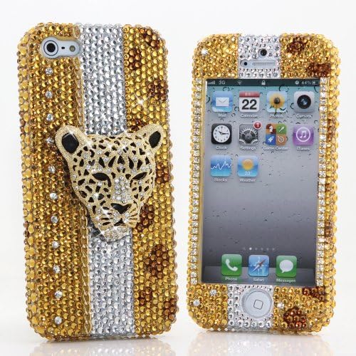 iphone 4 / 4S Luxury 3D Swarovski Crystals Bling Sparkle Golden Leopard Cheetah Design Front and Back Case Cover (100% Handcrafted by BlingAngels)