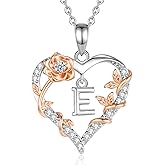 EUDORA Rose Heart Initial Necklace for Women Letter Alphabet Initial Necklaces Copper Rhodium Plated Pendant with Cubic Zirconia, Initials Jewelry Gifts for Women Wife Mother, 18"