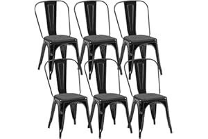 SOLEGGIATA Metal Dining Chair Set of 6 Iron Stackable Metal Chairs Kitchen Restaurant Cafe Indoor Outdoor Industrial Vintage Chairs Obsidian Black Color