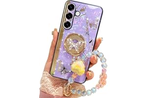 Sohapea for Samsung Galaxy A16 Case with Kickstand,A16 5G Phone Case Girly Bling Diamond Butterfly Design,Luxury Plating Sparkle Pearl Hard Back Soft TPU Bumper with Bead Strap for Women Girls Purple