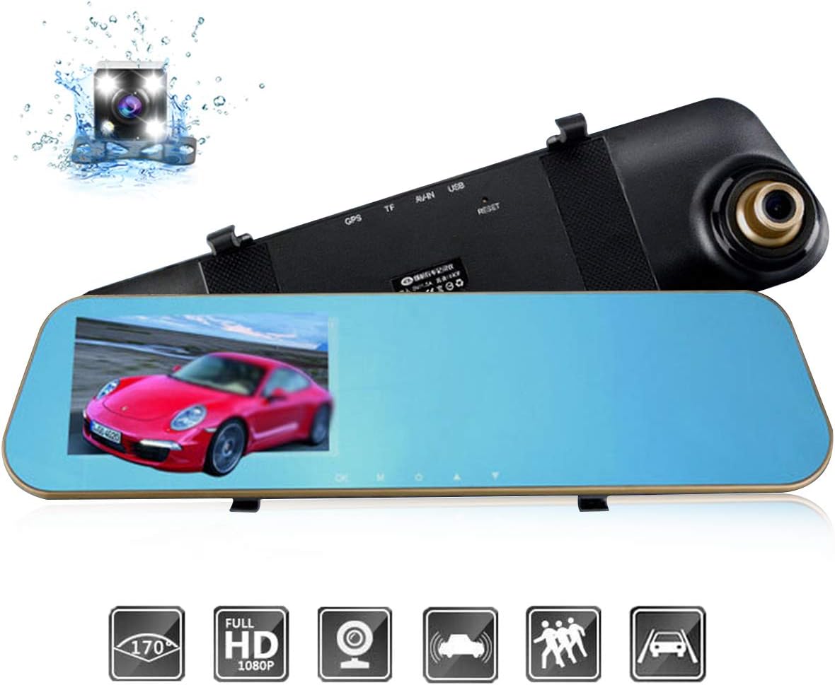 DEALPEAK Dual Lens HD 1080P Car Video Camera Recorder Rearview Mirror Dash Cam 170 Degree Wide Angle G-Sensor Night Vision Front and Back Camera with 4.3" Screen