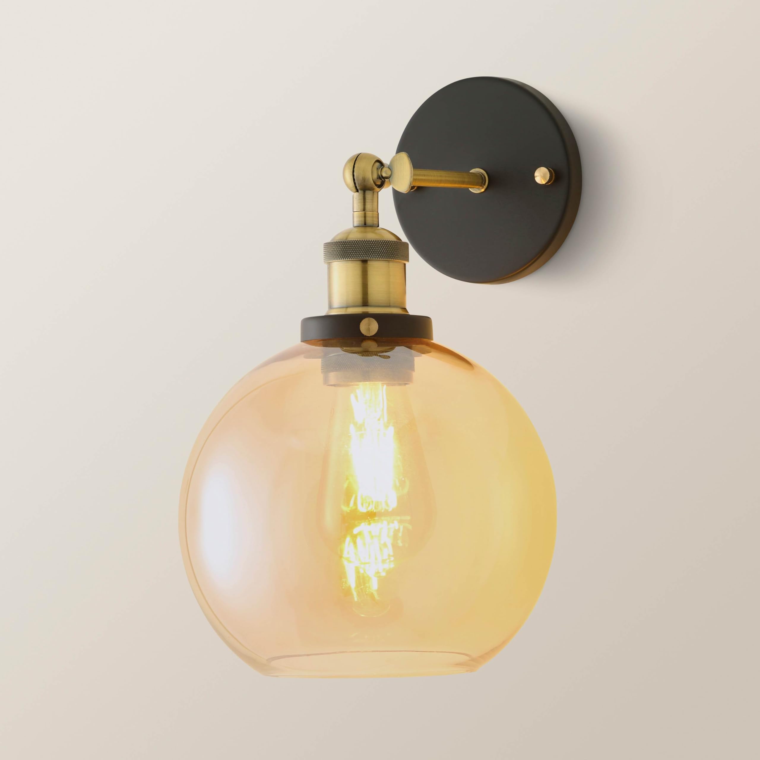 MiniSun | Industrial Antique Brass and Black Metal Wall Light Fitting with Amber Tinted Shade | Wall Lamps & Sconces, Home Décor & Improvement Essential | Mains Wired