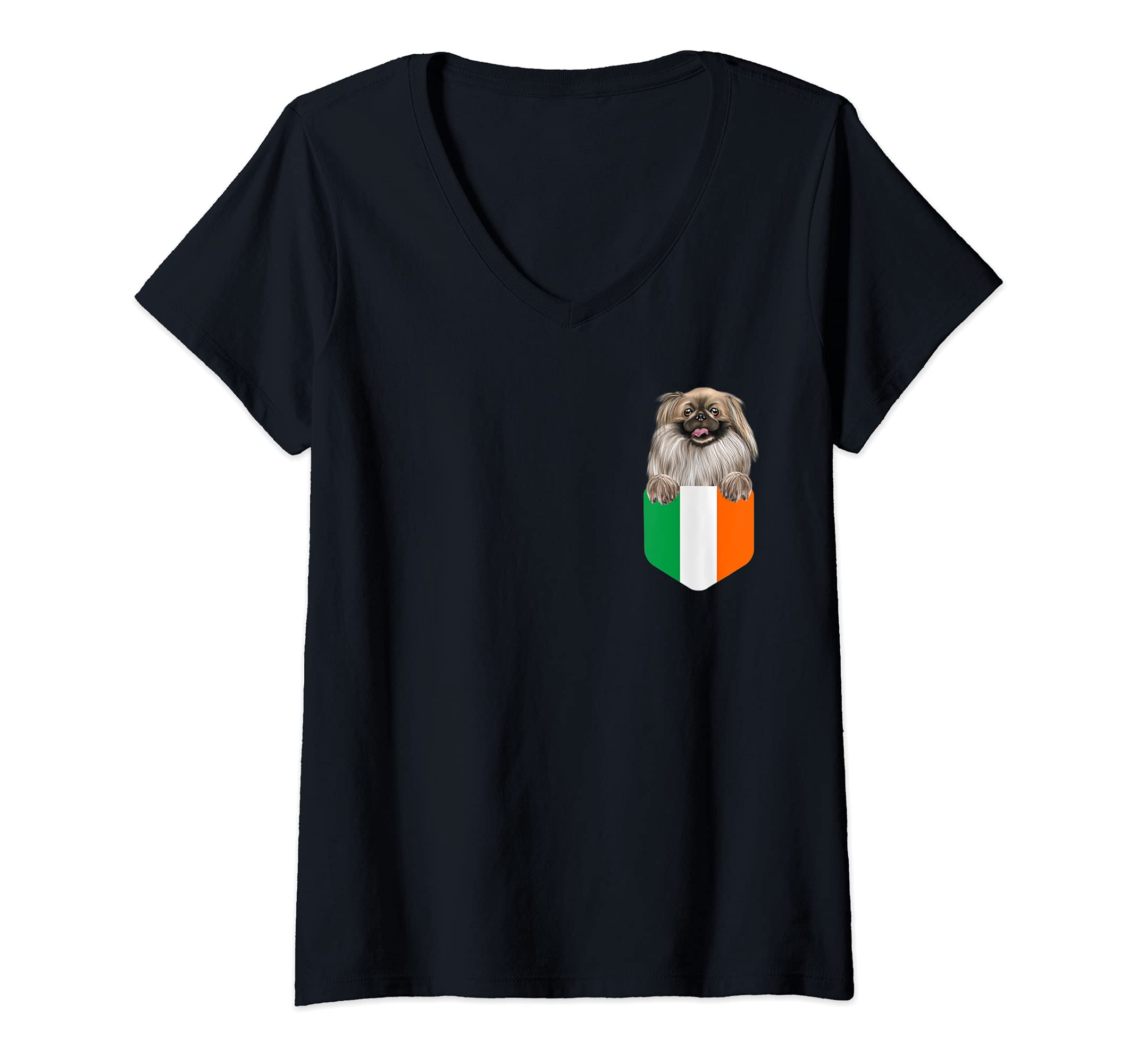 Womens Ireland Flag Pekingese Dog In Pocket V-Neck T-Shirt
