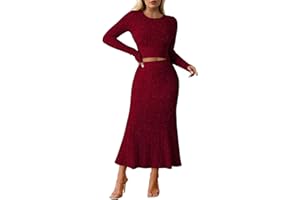 Pink Queen Ribbed Knit 2 Piece Dress Set for Women Fall Long Sleeve Crop Top with High Waist Skirt Set Cocktail Party Outfits