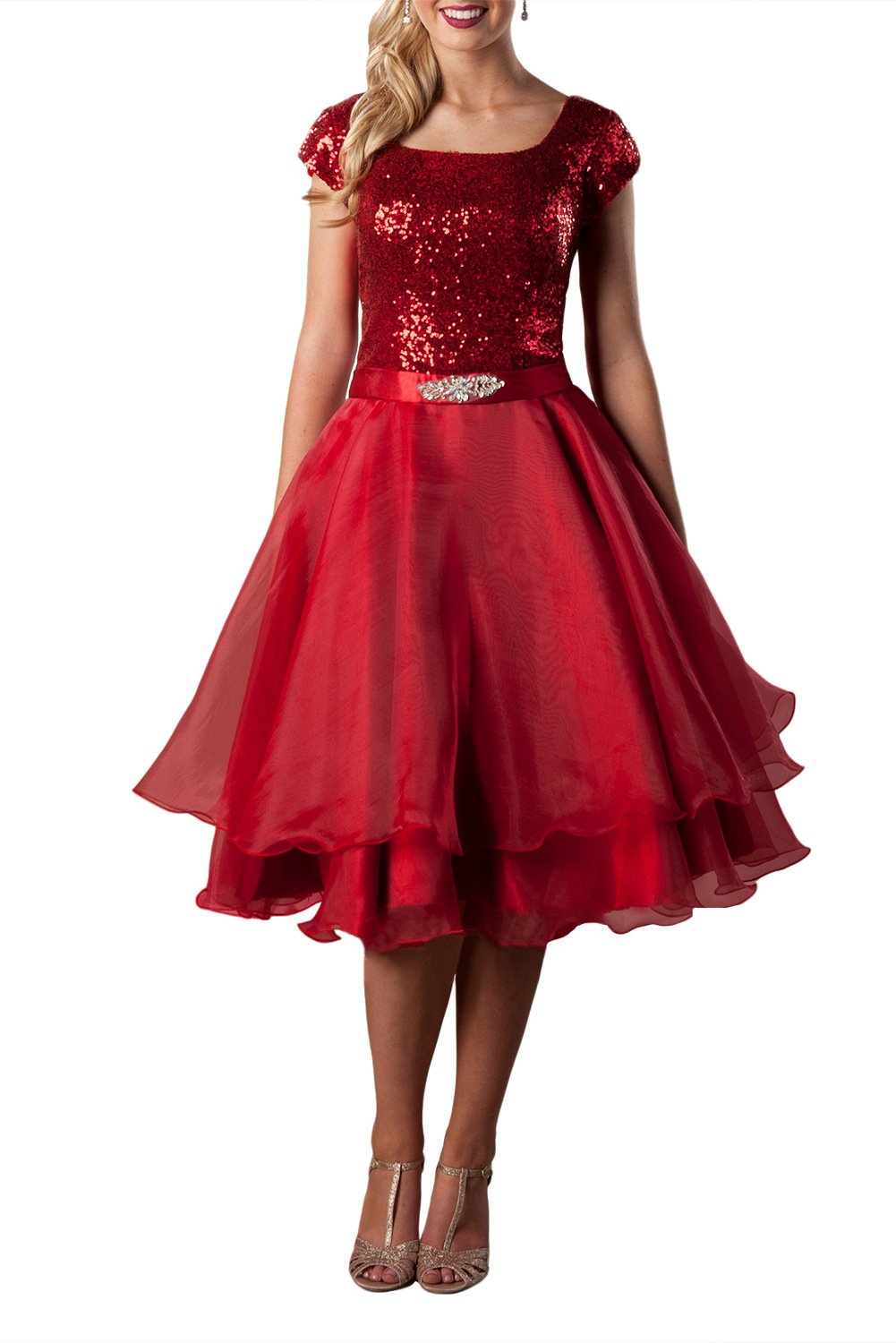 MARSEN Short Sleeves Sequin Prom Dresses Tea Length A Line