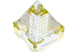 KRISININE Crystal Pyramid with Egyptian Gold Character Crystal Pyramid Statue with Gold Stand Glass Paperweight Ornament Spiritual Decor for Meditation