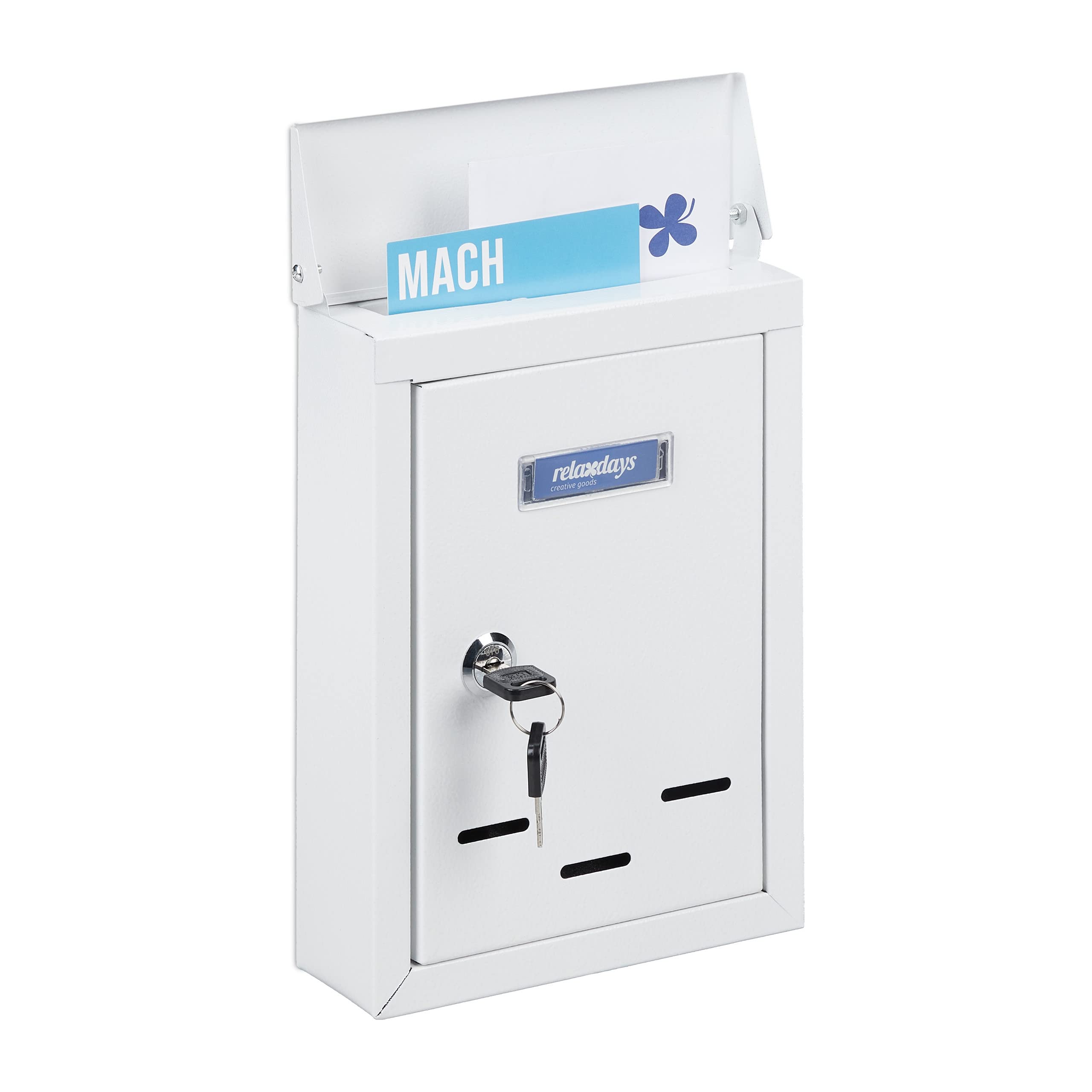 Relaxdays Letter Name Plate, Metal, Lockable, 2 Keys, Post Box, HWD: 26.5 x 19 x 6.5 cm, Wall-Mounted, White, Iron