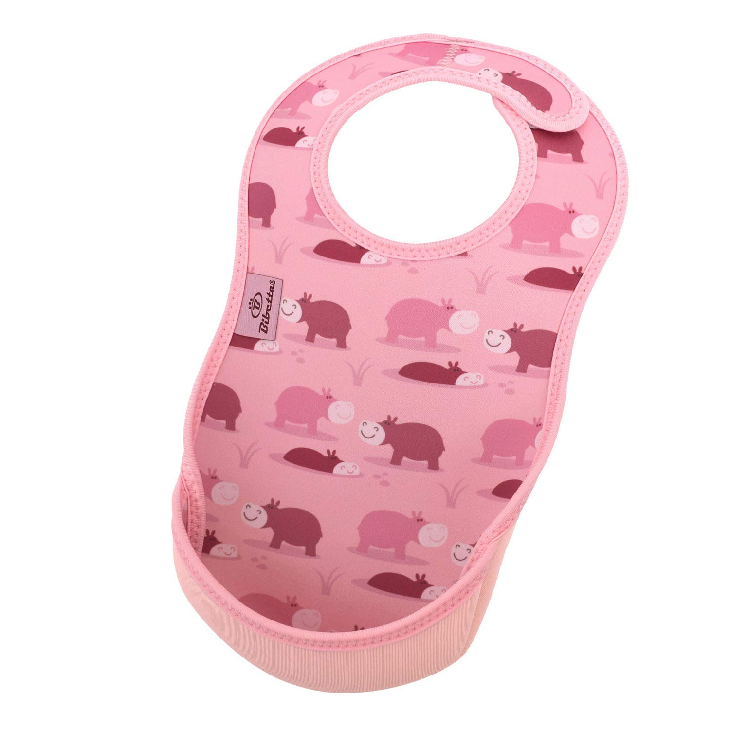 Bibetta Bib - Premium Neoprene Ultrabib for Comfort - Waterproof baby bibs - Weaning bibs with Crumb Catcher Pocket for Feeding Babies and Toddlers - Roll Up and Machine Washable (Pink Hippos)