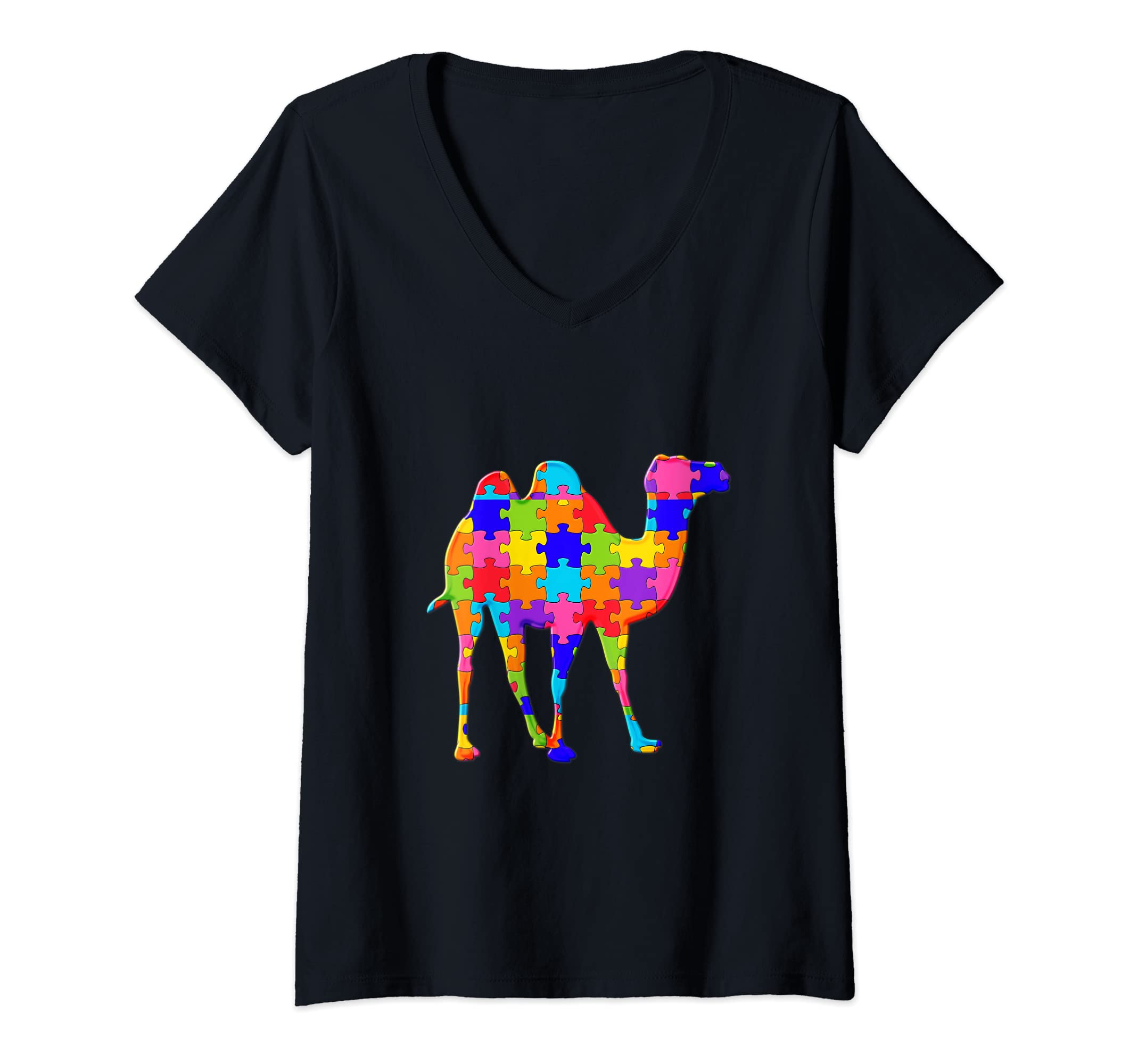 Womens Camel dromedary Jigsaw Autism Puzzle V-Neck T-Shirt