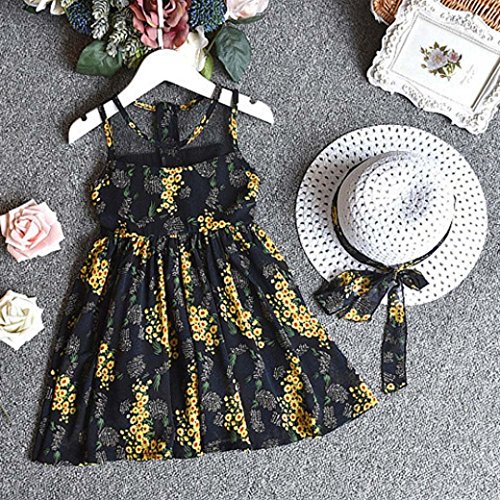 Fabal 2PCS Toddler Kids Baby Girl Outfit Clothes Chiffon Floral Vest Dress Sun Hat Set (3T, Black) - Thumbnail 2