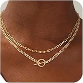 JIKASI Gold Layered Necklaces for Women, 14K Dainty Gold Chain Trendy Cuban Link Paperclip Chain Toggle Clasp Necklace Fashion Chunky Jewelry for Women