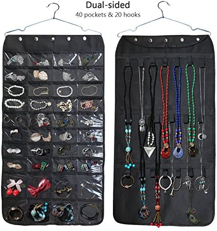 Mligo Hanging Jewelry Organizer With 40 Storage Pockets 20 Hook and Loops For Necklace-Black