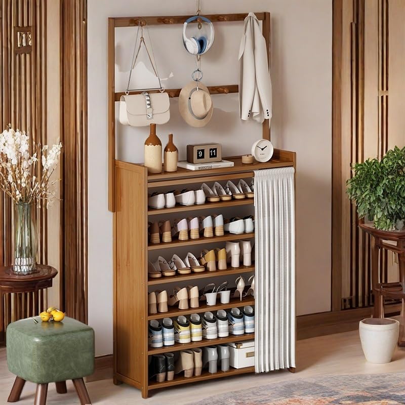 Shoe Rack Storage Cabinet Bamboo Free Standing Shoe Racks with Dustproof Curtain Storage Shelf Organizer for Entryway Hallway Bedroom (E-7 Tier)