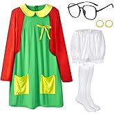 Pextian 7pcs Women Halloween Costumes Adult, Cute Halloween Costumes for Women Cosplay with Green Dress, Red Cardigan