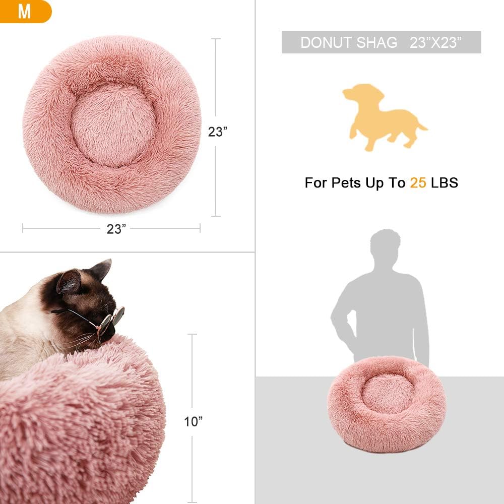 Luciphia Round Dog Cat Bed Donut Cuddler, Faux Fur Plush Pet Cushion for Large Medium Small Dogs, Self-Warming and Cozy for Improved Sleep Pink, Medium(23"x23") : Pet Supplies