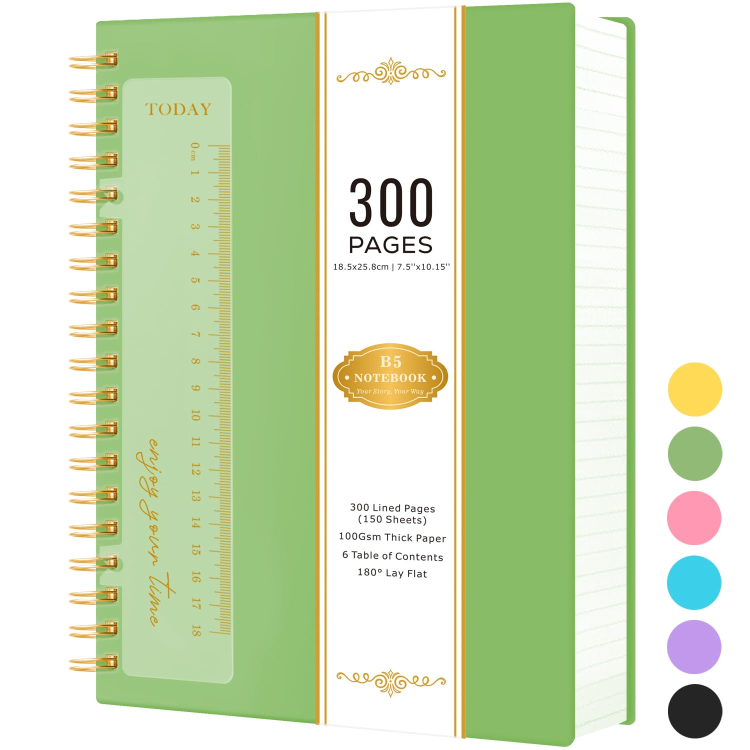 NIRMIRO B5 Lined Notebook Hardback, 300 Pages/ 150 Sheets Wirebound Spiral Notepad Note Book for Writing, 100GSM Lined Paper, No Bleed, Green PVC Cover, 18.5 x 25.8cm